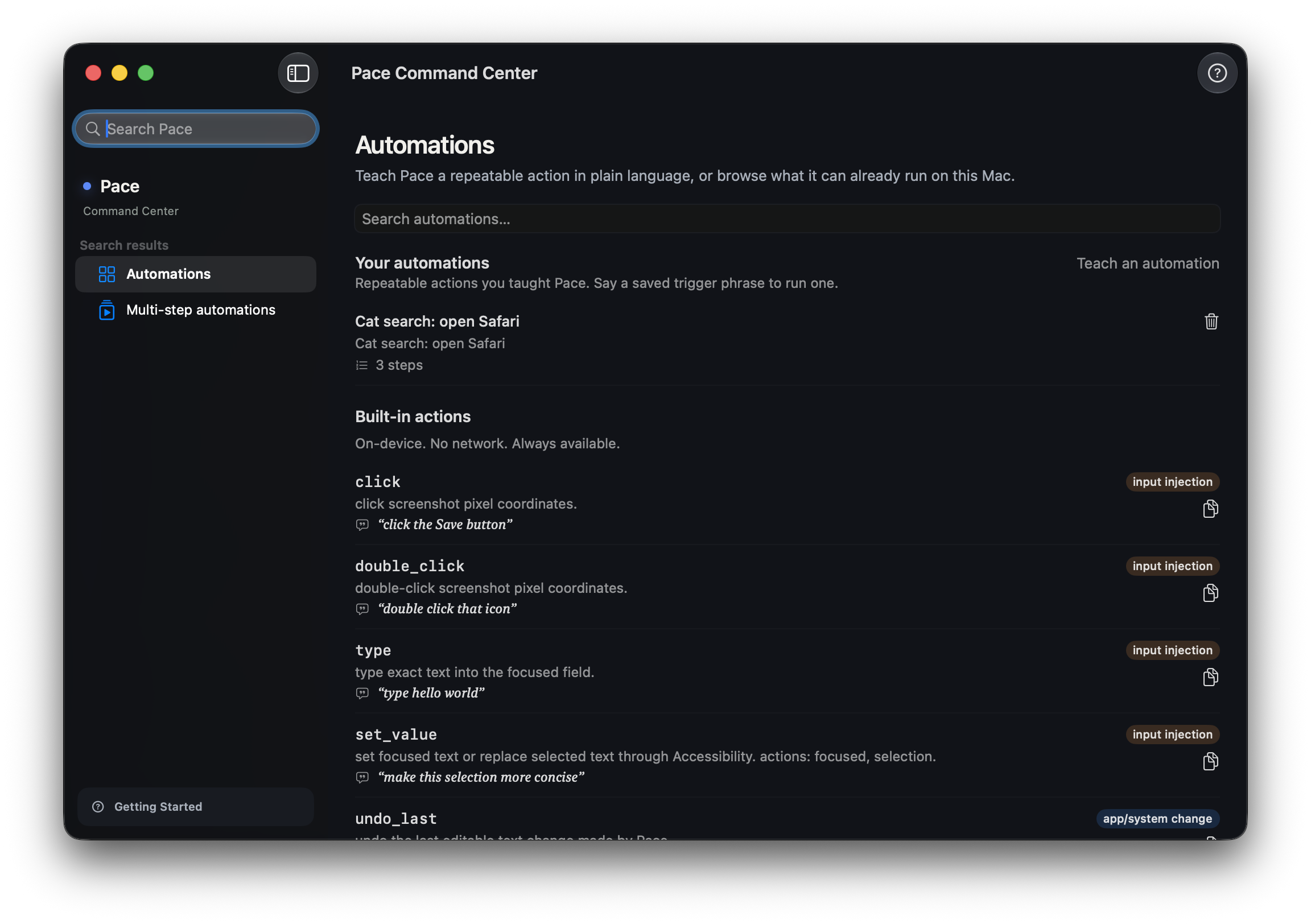 Pace Command Center showing a taught automation and the built-in local action list