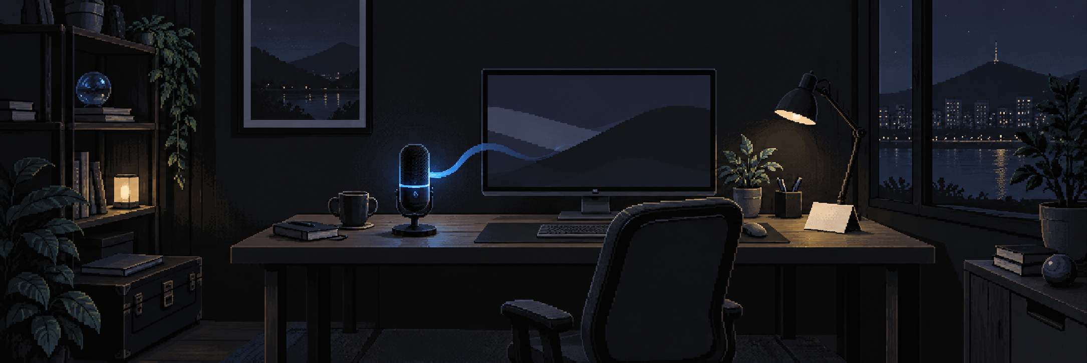 Original pixel illustration of a microphone connected to a quiet local workspace by a short blue ribbon